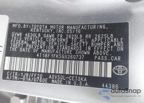 2016 Toyota Camry Se z USA, uszkodzony, nr VIN 4T1BF1FK5GU260737